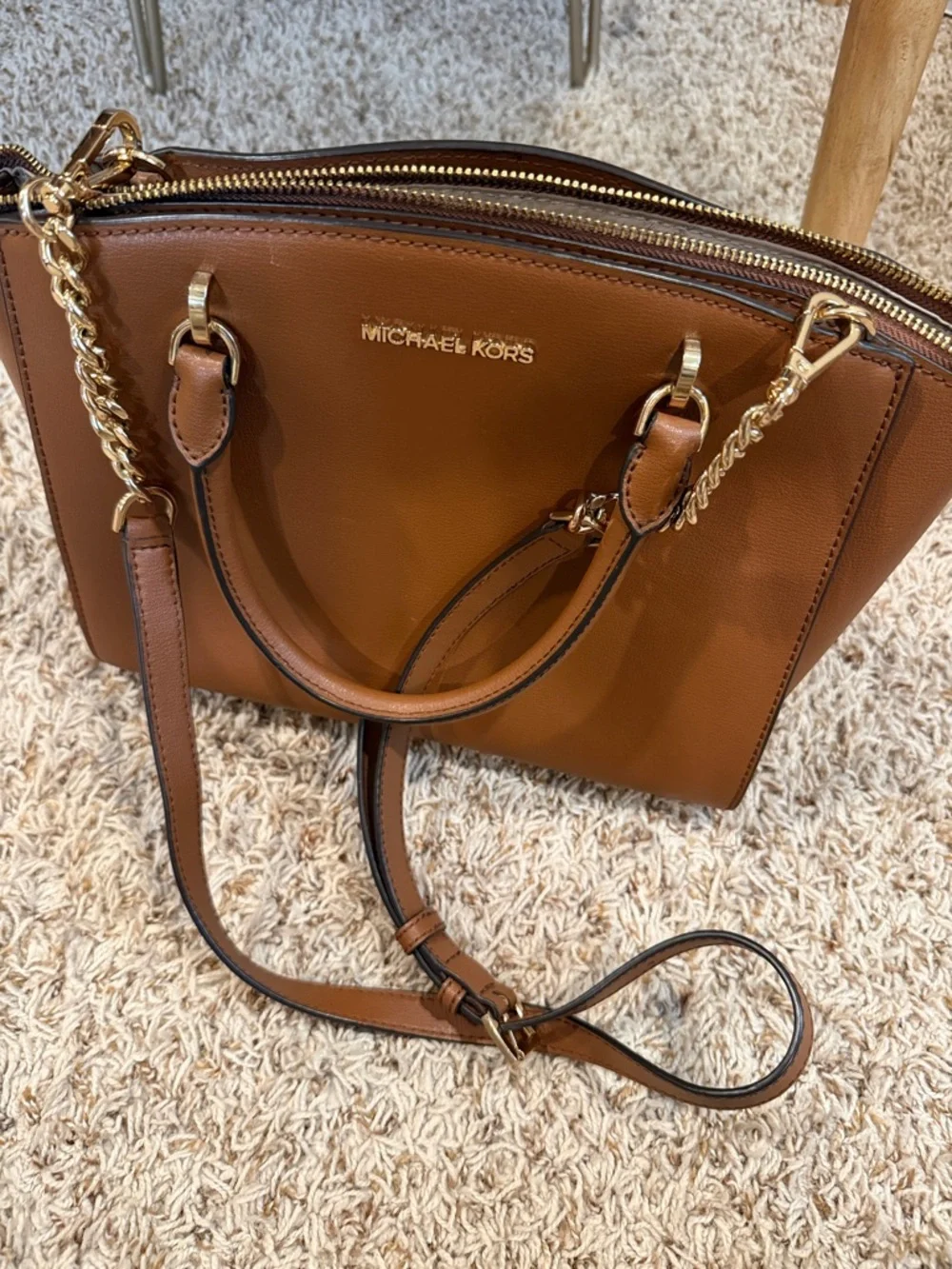 Michael Kors Tan Leather Satchel with Gold Chain Strap